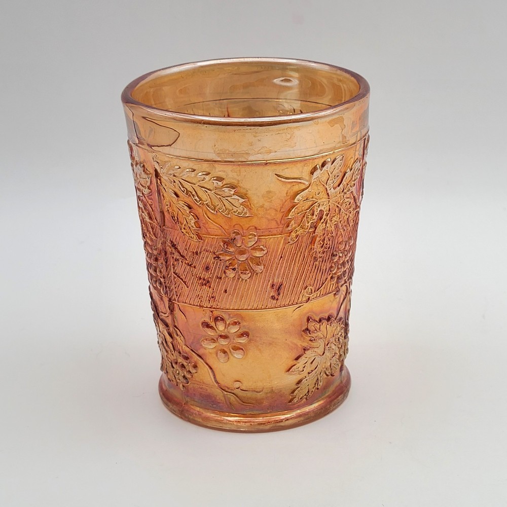 Dugan Antique Marigold Carnival Glass Floral and Grape Tumbler 4″ FREE SHIPPING