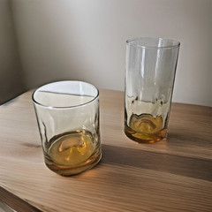 Hand Blown Thumbprint Glasses Set of 2 Orange Tumbler Pinched Sides Numbered