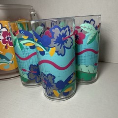 Vintage Tropical Breeze Summer Oasis Plastic Ice Bucket 4 Tumblers 1980s Retro