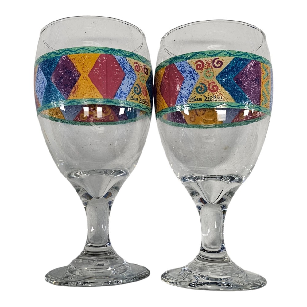 Sue Zipkin POTPOURRI 14 oz Glass Wine Water Goblet Glassware Geometric Lot of 2