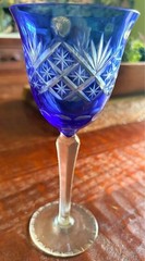 Vintage Bohemian Crystal Wine Goblet Glass- cobalt blue cut-to-clear