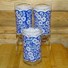 Vintage Lot of 3 Libbey 12 oz Blue Lace White Flowers Retro Tumbler Glass 5 1/4”