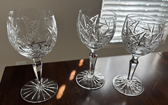 Three Water Goblets Juliette by American Cut. Cut bowl and multi sided stem