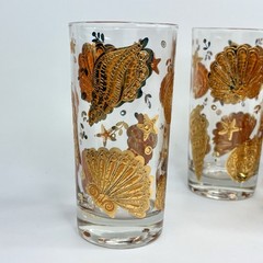 RARE Vtg Culver Textured Sea Shell Highball Tumbler 22K Gold Glass Set Cup MCM