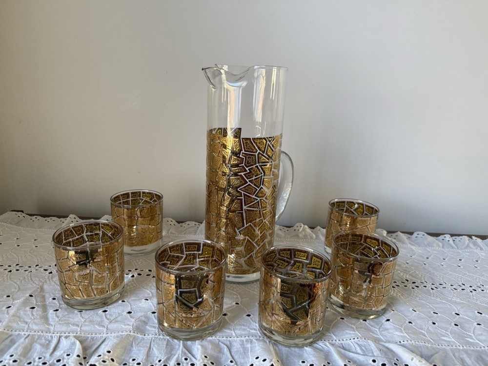 Mid Century 22k Gold Mosaic Pitcher & Set Of 6 low ball glasses- hard to find