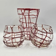 Threaded Fused Art Glass Pitcher Abstract Rocks Old Fashioned Set Tumblers Red