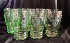 6 LOVELY Matched GRAPE ETCH VASELINE URANIUM Glass 5” Tumblers Flat NO CHIPS!