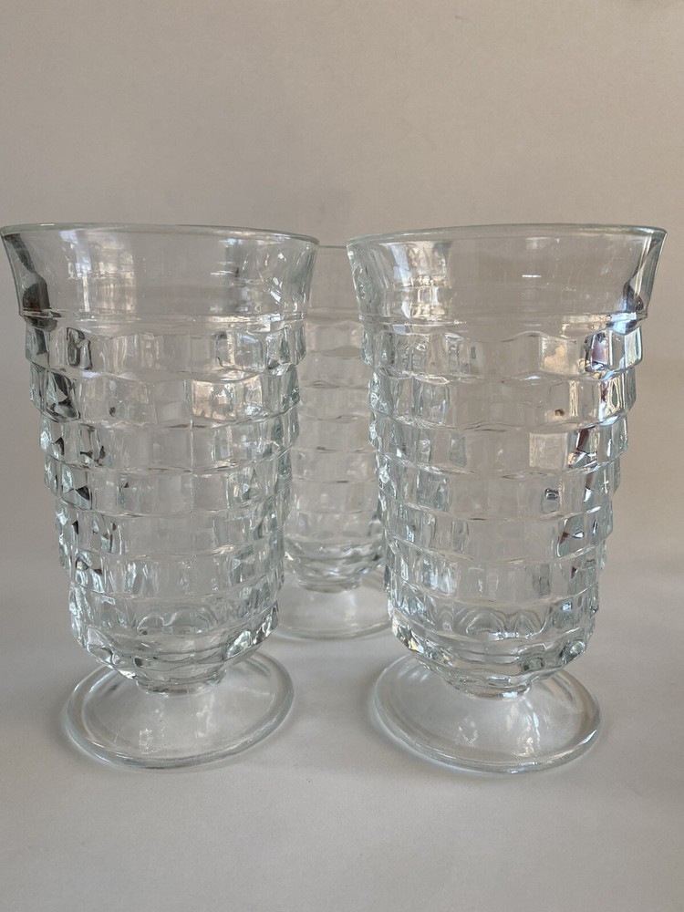 Set of 3 Vintage Whitehall Colony Cube Clear Footed 6″ Water Ice Tea Tumblers