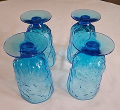 4 Morgantown Seneca Driftwood Glass Peacock Blue Crinkle Footed Goblets Tumblers