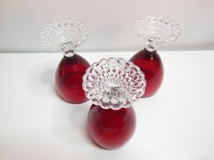 3 VINTAGE ANCHOR HOCKING RUBY BUBBLE FOOT JUICE/WINE GLASSES 4 1/8″