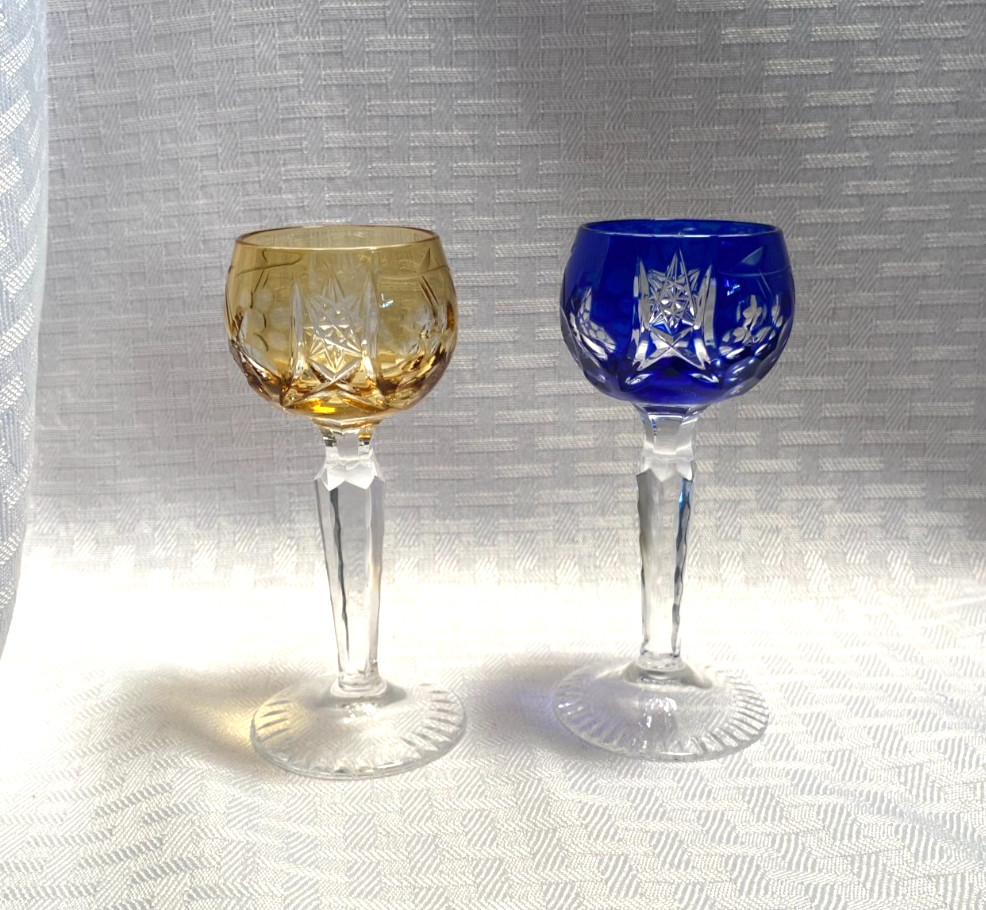 BEYER VINEYARD PAIR CORDIALS TOPAZ & COBALT BLUE CUT TO CLEAR CRYSTAL BOHEMIAN