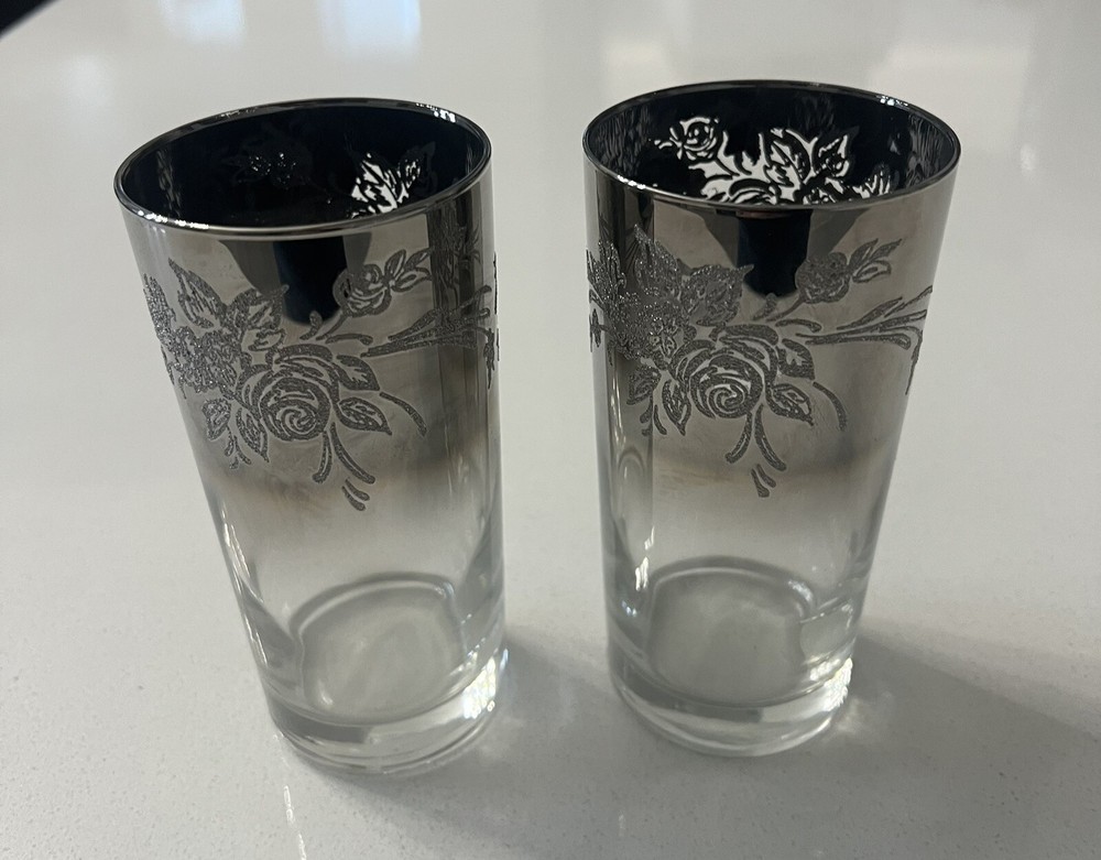 Vtg MCM Silver Fade Vitreon Queens Lustre Glasses Dorothy Thorpe Set Of 2
