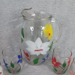 Vintage Bartlett Collins Juice Set Pitcher + 6 Glasses Hand Painted Floral MCM
