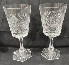 6 Bohemian Crystal Glass Wine Water Red White 6 7/8” Cut Stars Fans Crystalex