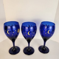 Libbey Cobalt Blue Celestial Sun Moon Stars Stem Wine Glass Set 3 Vintage Goblet