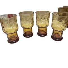 Vintage Amber Glass Floral Daisy Tumblers Set of 4 Mid Century Footed Glasses