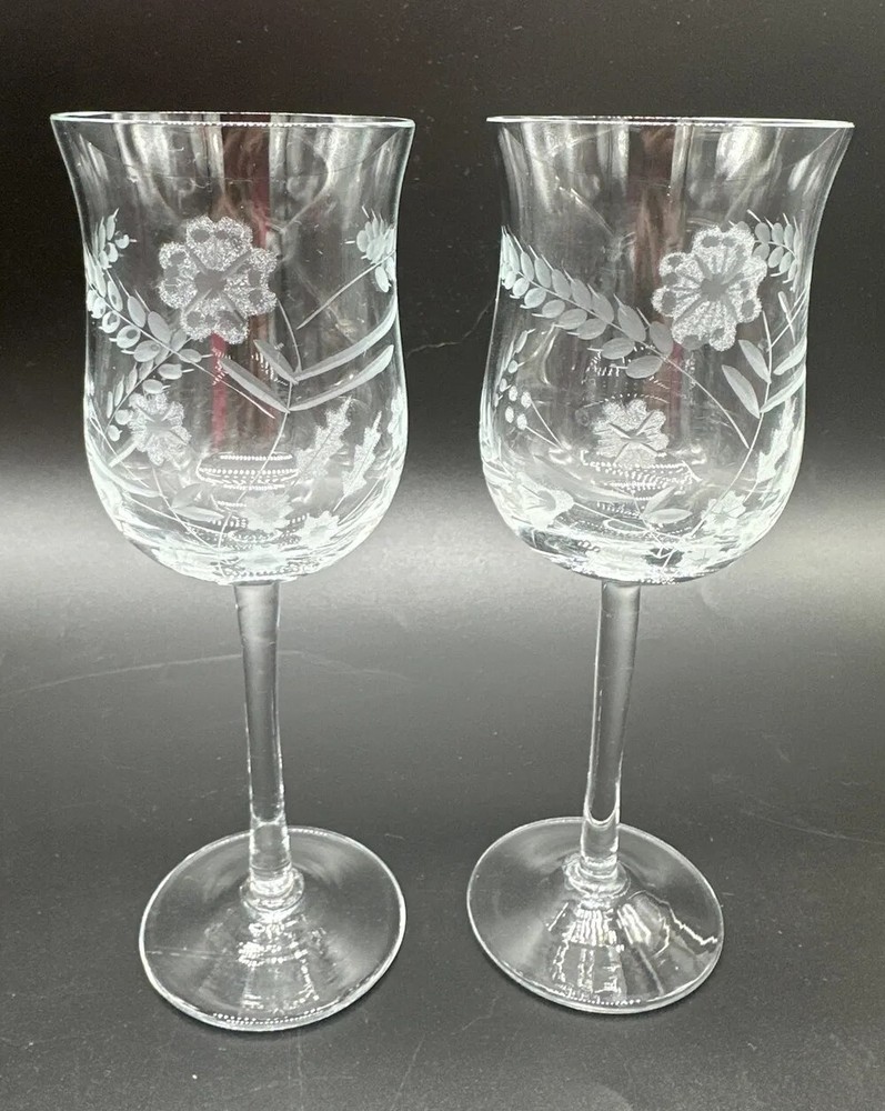 Set of 2 Vintage Wine Glasses Clear, Frosted, Flowers & Wheat Romania Goblets