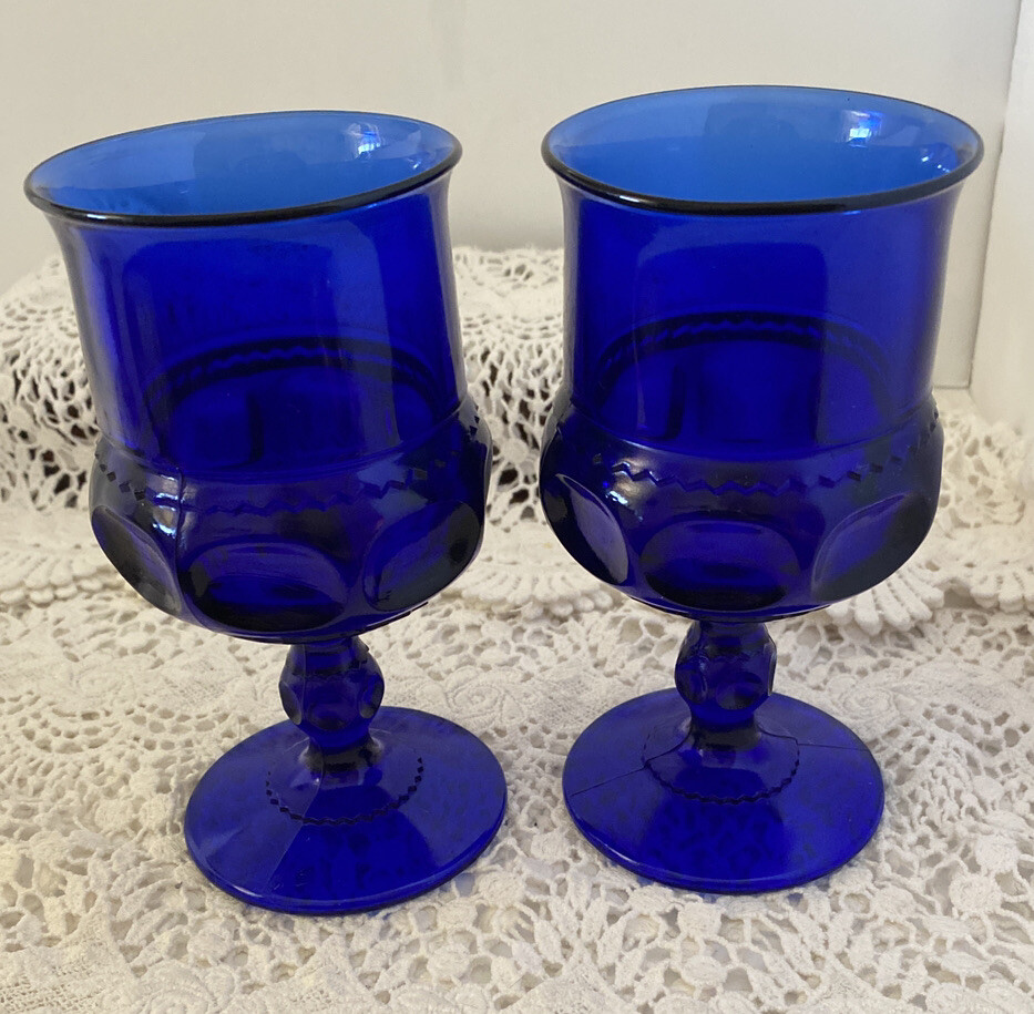 Vtg Imperial Glass Cobalt Blue Kings Crown Thumbprint Wine Glasses (2)