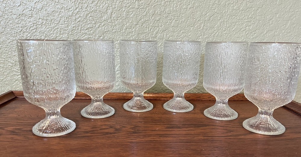 6 Vintage Indiana Glass Crystal Ice Tree Bark Footed Water Highball Barware