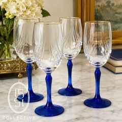 Lenox Crystal Swag Drape Cobalt Blue Stem Gold Rim Optic Swirl Wine Goblets 4 PC