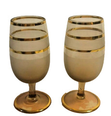 Vintage MCM Set of 2 Stemmed Liquor Glasses Clear Brown Frosted Gold Stripes 3»