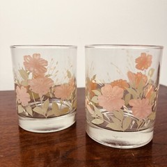 Vintage Libbey Pink Floral Old Fashioned Drinking Glass Cups Heavy Set Of 2