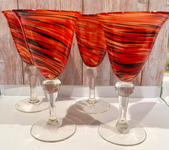 Pier 1 Water/Wine Hand Blown Glass Goblets Red Orange Black Twist Swirl Set of 4