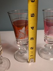 Set of 4 Sherry Cordial Glasses. 5″ Tall. 4 Different Colors. Etched Grapes