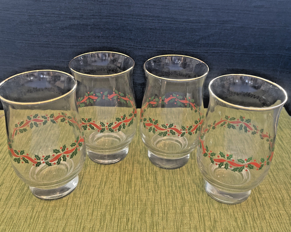 SET OF FOUR LIBBEY HOLLY BERRY 5-1/4″ TALL WATER GLASSES – EXCELLENT CONDITION