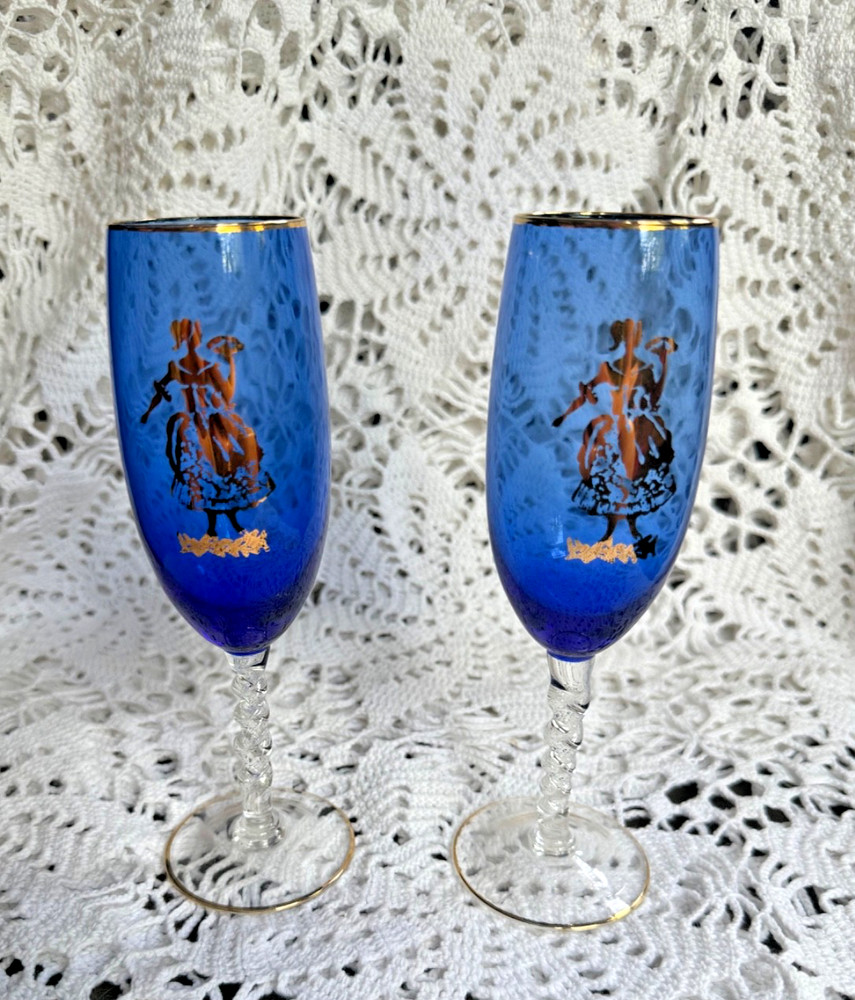 Vintage Pair Bohemian / Czech Crystal Champagne Flutes Cobalt Blue w Gold Maiden