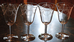 Vtg Set 4 FOSTORIA ‘GARLAND’ Needle Etched Water Goblets/Glasses 8 oz 6.75″ 1915