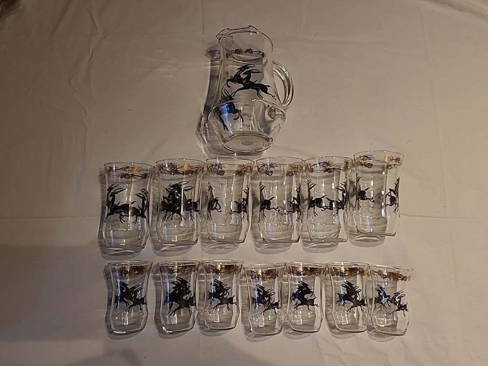 Vintage Mid-Century Gazelle Pattern Pitcher And Glasses Set Of 14