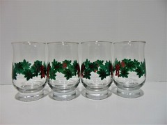 4 Libbey Holly And Berry Hurricane Style 12 oz Flat Tumblers LRS19 Gold Rim (Y)