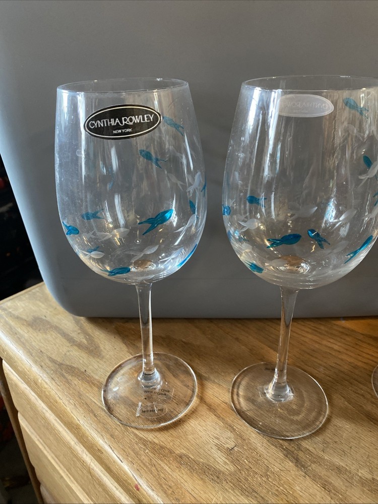 CYNTHIA ROWLEY — WINE GOBLETS — CUT FISH DECORATION, BLUE AND GRAY — 2