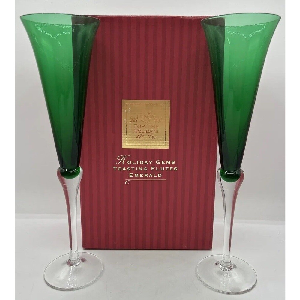 Lenox 1998 Champagne 11″ Holiday Gems Toasting Flutes Emerald Set of 2 U249