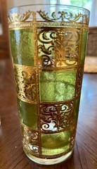 Vintage Signed Culver Prado Green and Gold High Ball 12oz Cocktail Glass