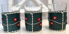 Vtg Leather Wrapped 4″ Drinking Glasses Green Bohemian Handmade Barware Set of 3