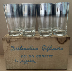Vintage STANLEY WELLS Silver Band Clear MCM Drinking Glass Tumblers w/ Box 8pcs