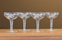 Hollow Stem Clear Champagne Glasses Waterfowl Etched Set of 4 Barware Vintage