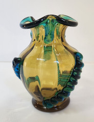 Antique Moser Portieux George Sand Blown Glass Vase Amber Teal Applied Serpent 5