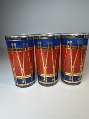 Set Of 6 MCM Drum Glasses Blue Red and Gold Plated 5 1/2″ Rare Great Condition!