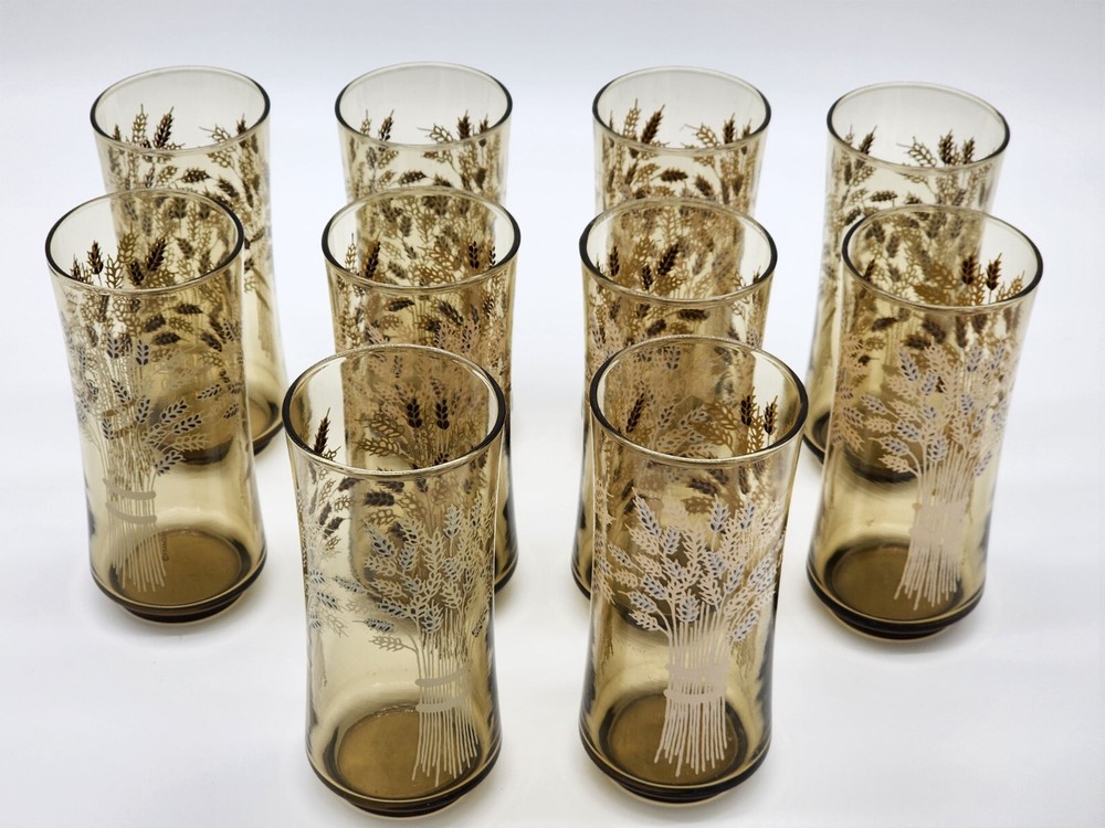 Set 10 Vtg Libbey Franco Wheat Water Glasses Tumbler Smokey Amber MCM Retro Bar