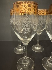 Set Of 4 Bernini 24K GOLD Trim Etched Blown Crystal Wine Glasses Italy 7.25”Tall