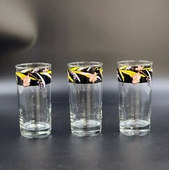 Vintage Glass Tumblers With Black Bands and Pink Florals Set of 3