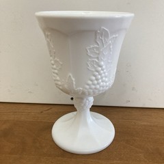 Vintage White Milk Glass Goblet With Grapes And Vine Design. Stands 5″