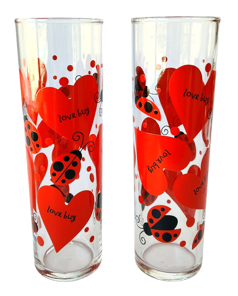 2 Indiana Glass Love Bug Cylinder Crystal 6.75″ Tumblers 31073 Valentine Hearts