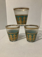 3 Vintage MCM Culver Gold and Turquoise Low Ball Cocktail Glasses Pineapple’s