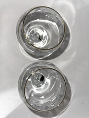 2 Vintage wine glasses, Lynn’s China Winter Snow Trees Gold Rim 7 3/4” Tall