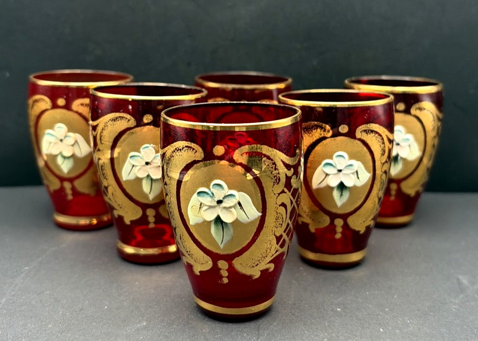 Venetian Cordial Ruby Red & Gold Painted Enamel Glasses Set of 6 Italy Glow