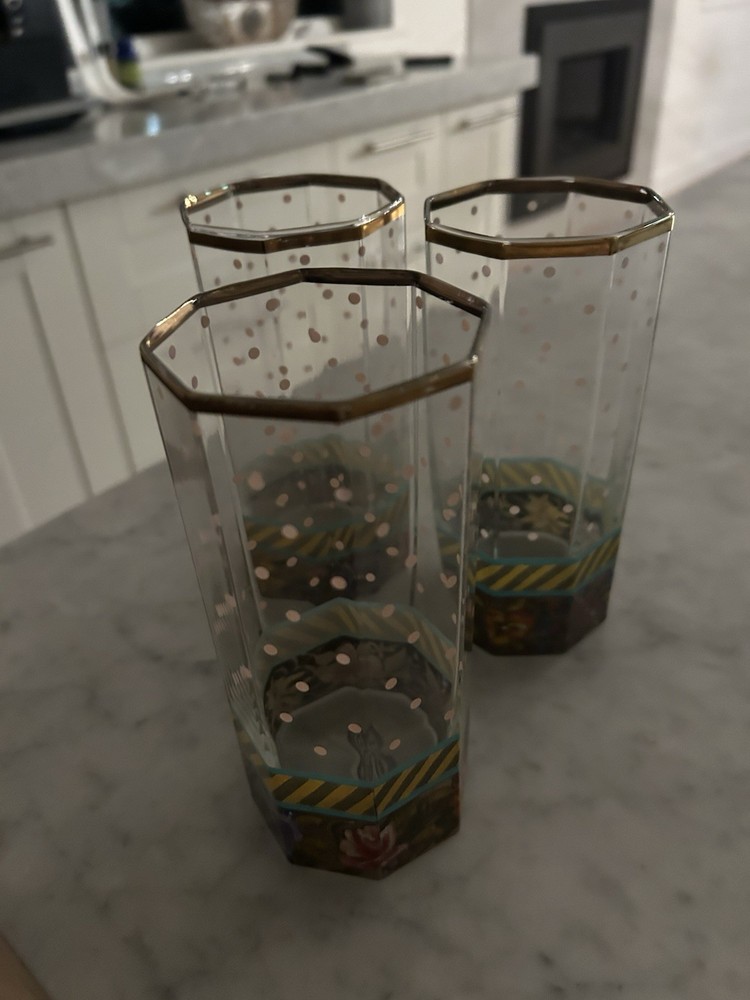MacKenzie Childs 3 Garland Formal Dot Glass Highball Tumbler Vintage